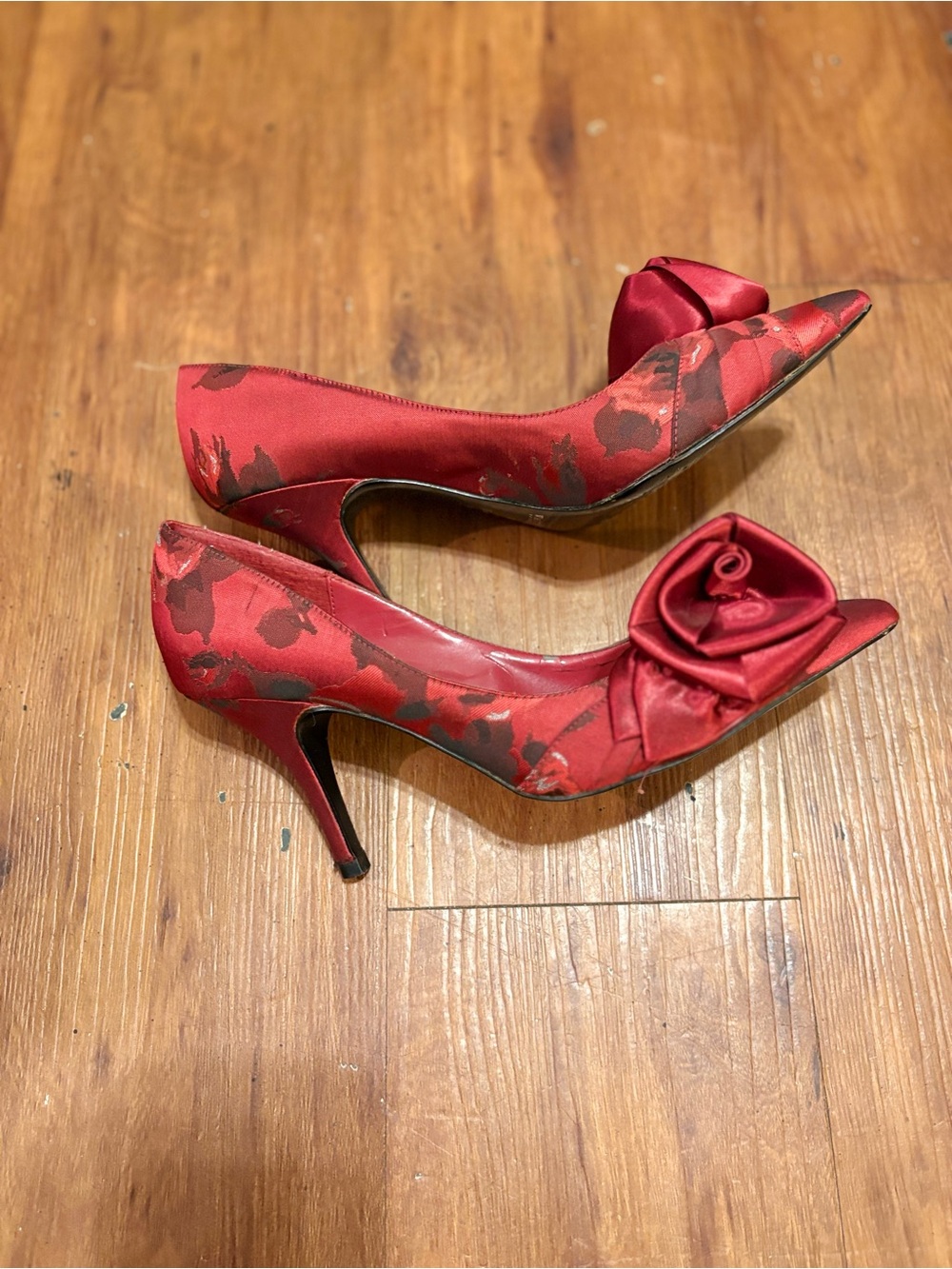White House Black Market Red Satin Rose-Embellished Pointed Toe Heels